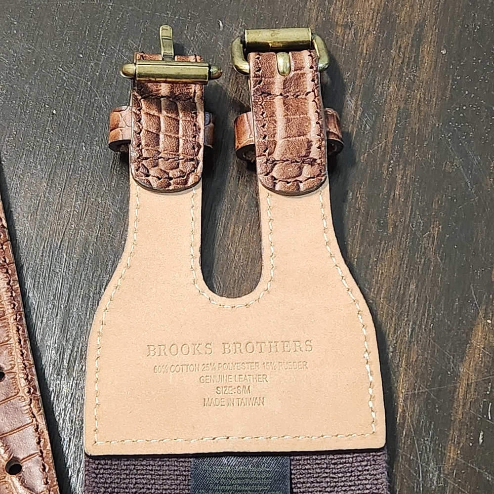 Brooks Brothers Brown Leather Elastic Croc Embossed Double Buckle Belt S/M - Picture 4 of 9